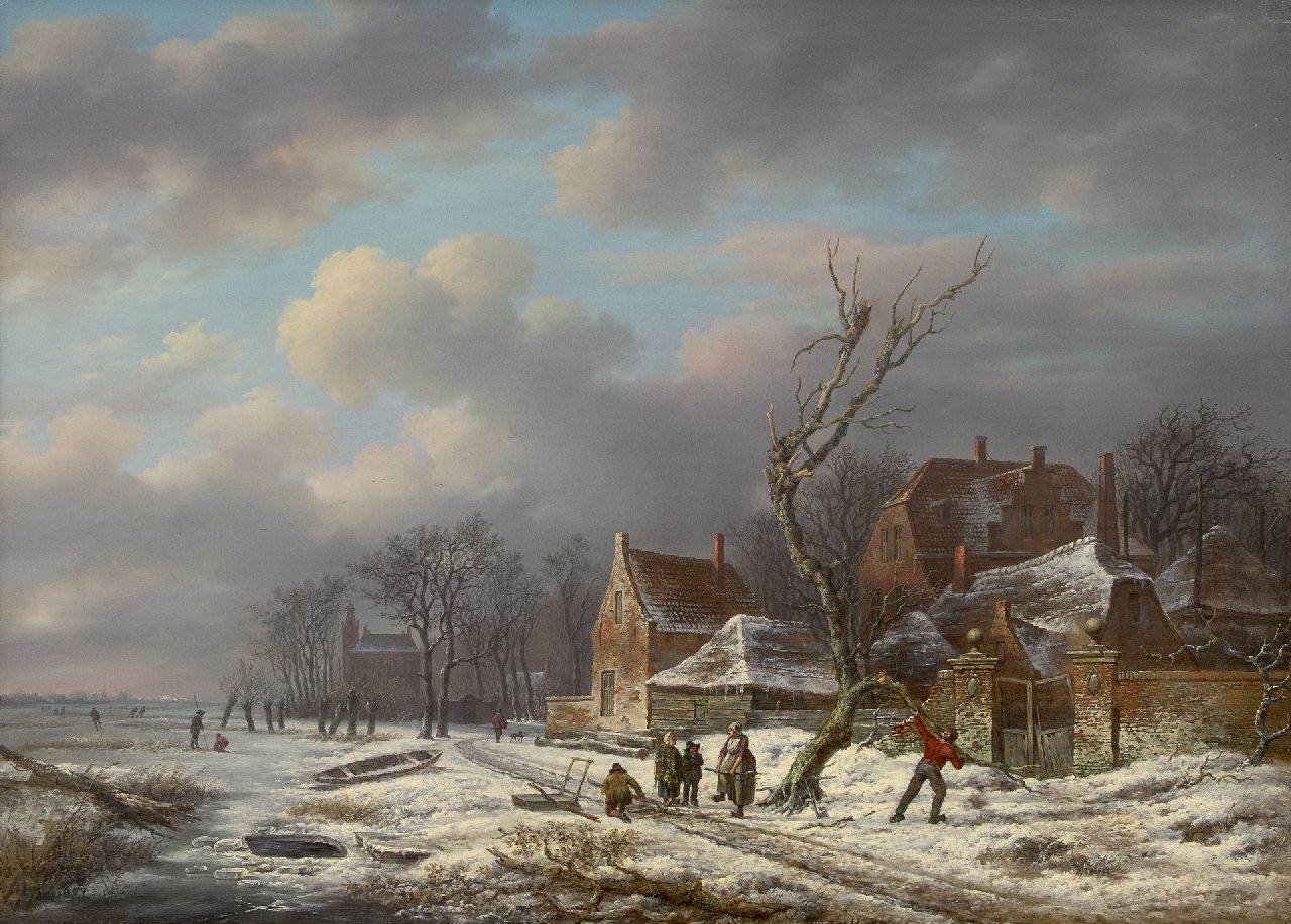 Schelfhout A.  | Andreas Schelfhout | Paintings offered for sale | Gathering wood in winter (pendant of Summer landscape), oil on panel 53.0 x 72.6 cm, signed l.r. (with traces of signature) and painted circa 1815