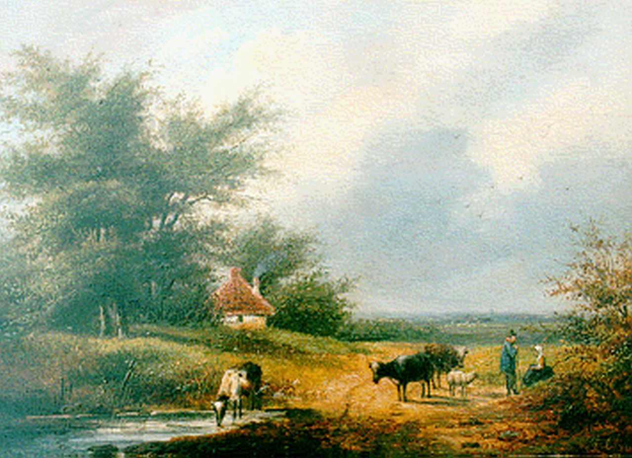 Hendriks G.  | Gerardus 'George Henry' Hendriks, A summer landscape with cattle, oil on panel 21.6 x 30.2 cm, signed l.r. with A. Christ