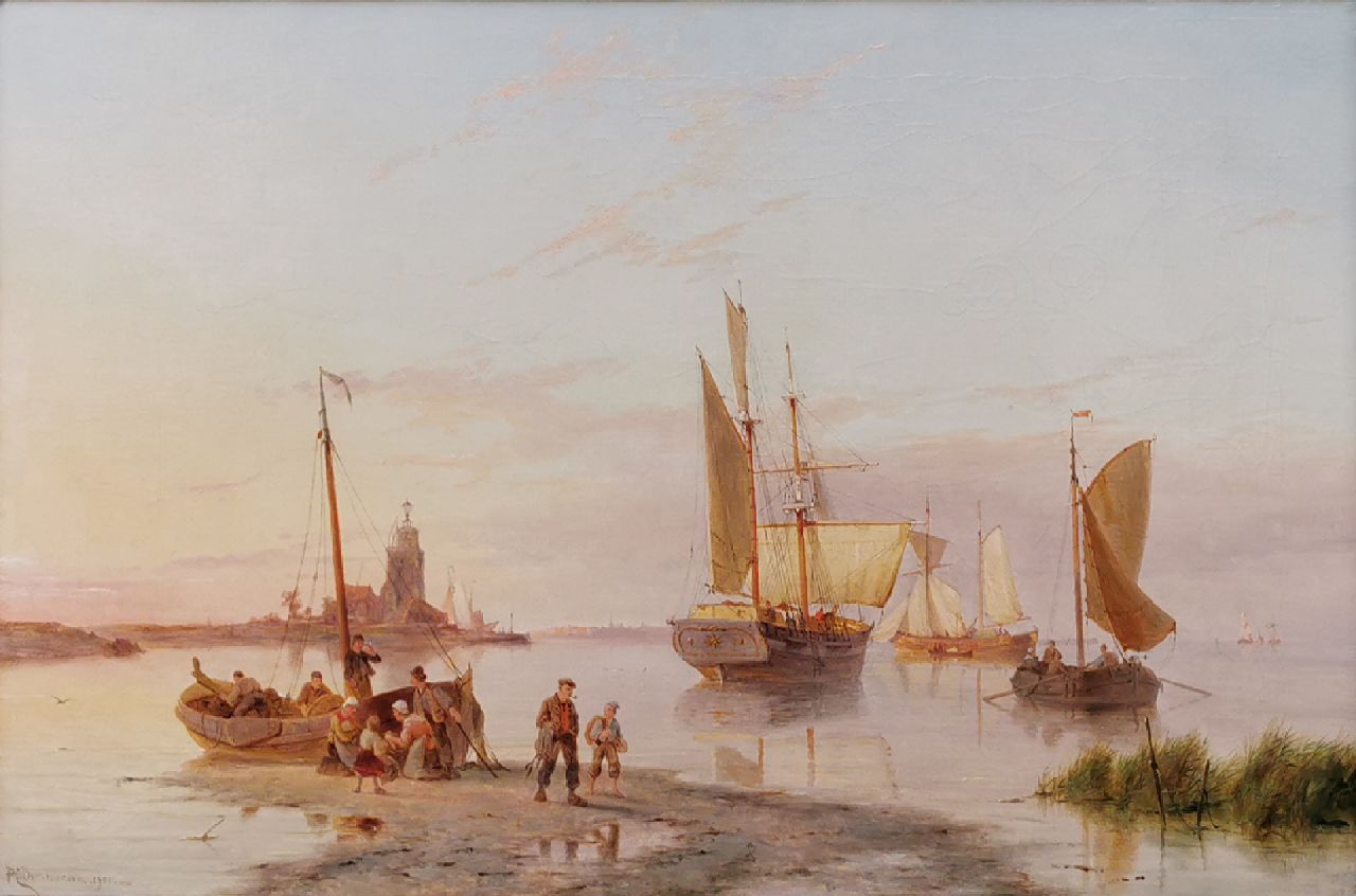 Dommershuijzen P.C.  | Pieter Cornelis Dommershuijzen, Shipping in a calm by a harbor entrance, oil on canvas 50.8 x 76.8 cm, signed l.l. and dated 1901