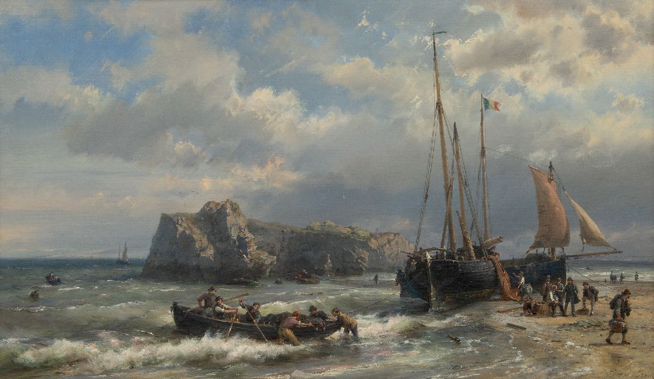 Koekkoek H.  | Hermanus Koekkoek, Ships and fishermen at the French coast, oil on canvas 45.1 x 76.7 cm, signed l.r. and dated tot the late 1960s