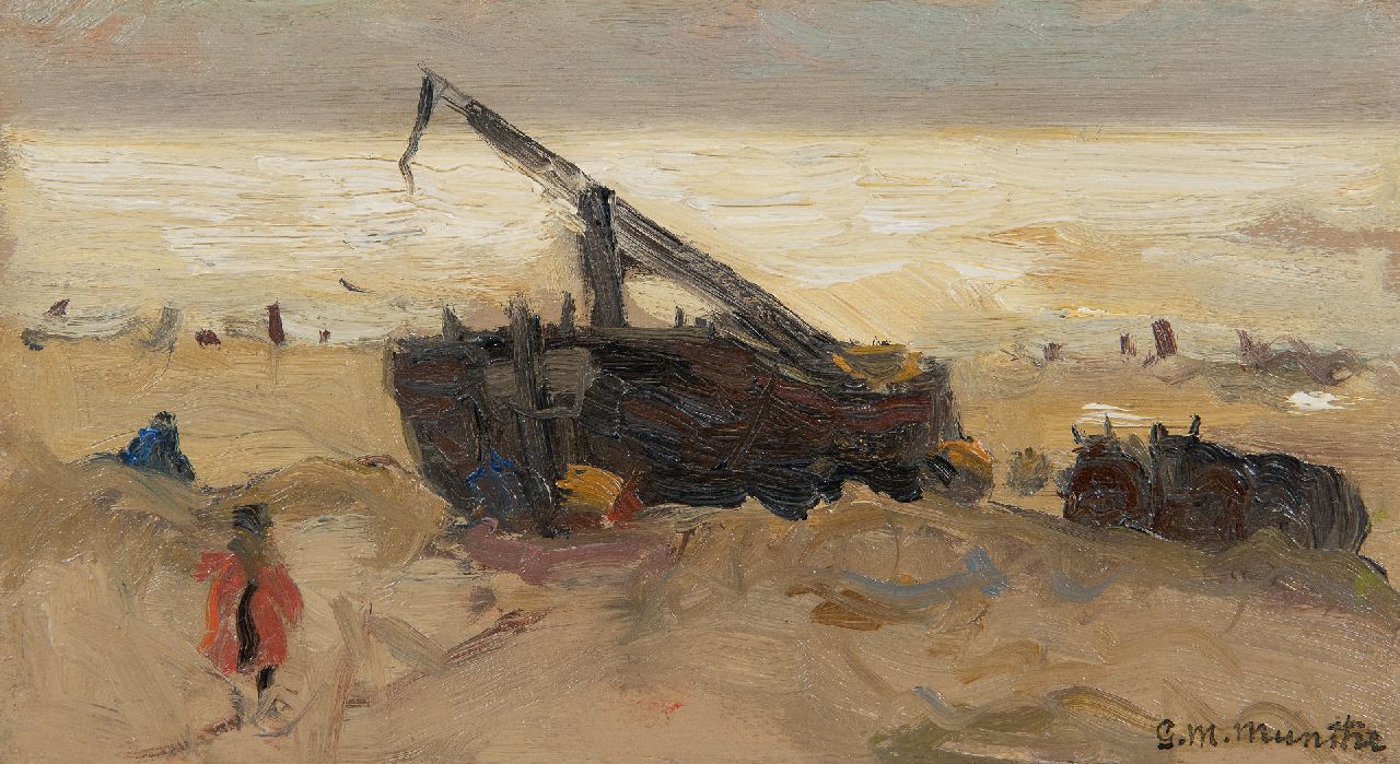 Munthe G.A.L.  | Gerhard Arij Ludwig 'Morgenstjerne' Munthe | Paintings offered for sale | Fishing barge on the beach, oil on panel 12.4 x 22.4 cm, signed l.r.