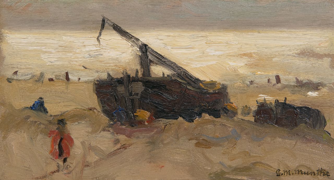 Munthe G.A.L.  | Gerhard Arij Ludwig 'Morgenstjerne' Munthe | Paintings offered for sale | Fishing barge on the beach, oil on panel 12.4 x 22.4 cm, signed l.r.