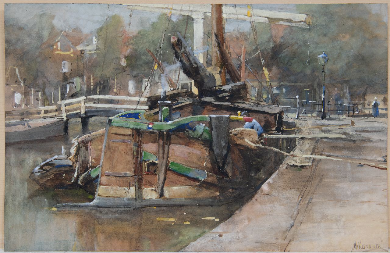 Wijsmuller J.H.  | Jan Hillebrand Wijsmuller | Watercolours and drawings offered for sale | Moored tjalk at the quay, watercolour on paper 33.5 x 51.0 cm, signed l.r.