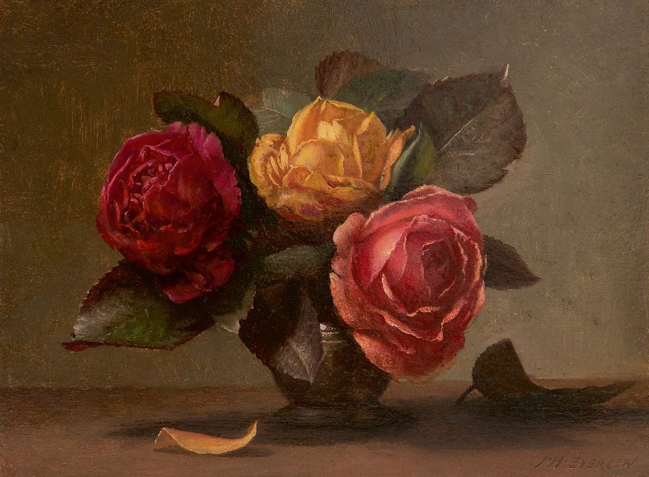 Eversen J.H.  | Johannes Hendrik 'Jan' Eversen | Paintings offered for sale | Roses in a tin vase, oil on panel 18.2 x 24.1 cm, signed l.r.
