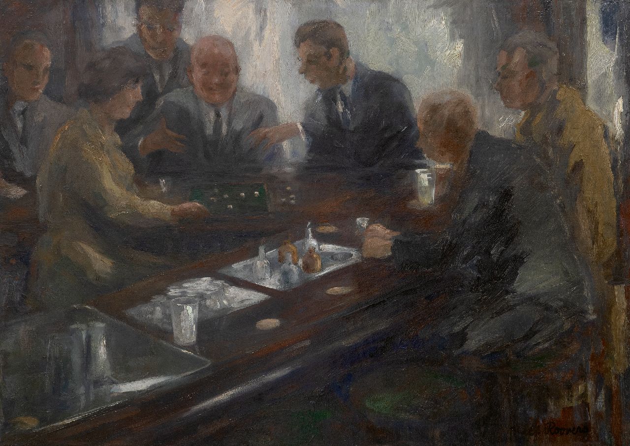 Roovers K.  | Kees Roovers | Paintings offered for sale | Playing dice in café the Posthoorn, The Hague, oil on board 47.1 x 65.6 cm, signed l.r.