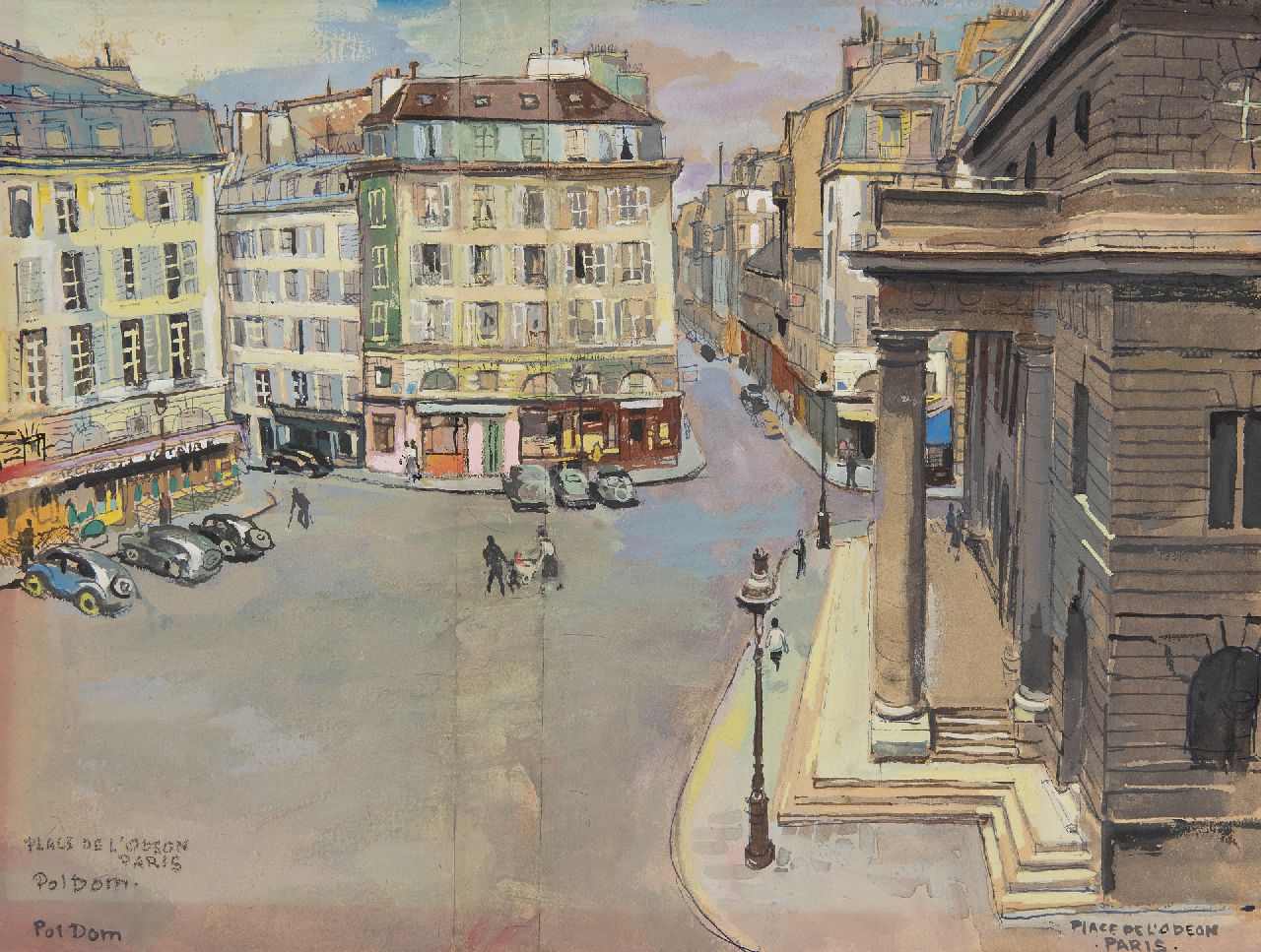 Dom P.L.C.  | Paulus Ludovicus Carolus 'Pol' Dom |  offered for sale | Place de l'Odéon and Théâtre de l'Odéon in Paris, watercolour and ink on paper 27.8 x 35.9 cm, signed l.l. (twice)