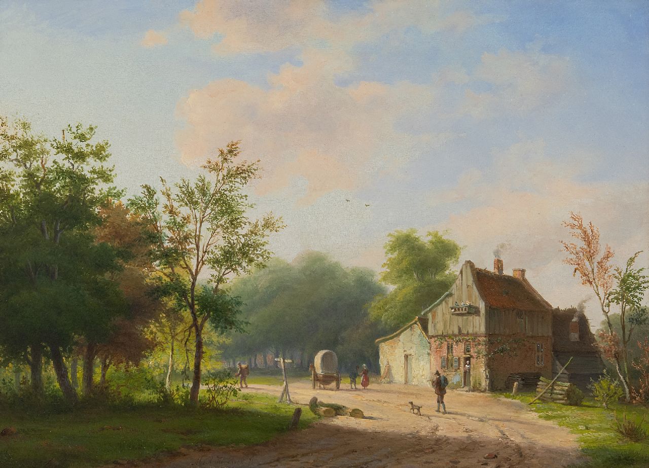 Koekkoek I M.A.  | Marinus Adrianus Koekkoek I | Paintings offered for sale | Country road with farm and figures, oil on panel 28.3 x 38.8 cm, signed l.c.