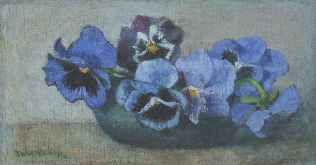 Wandscheer M.W.  | Maria Wilhelmina 'Marie' Wandscheer, Blue pansies, oil on panel 13.4 x 24.4 cm, signed l.l.