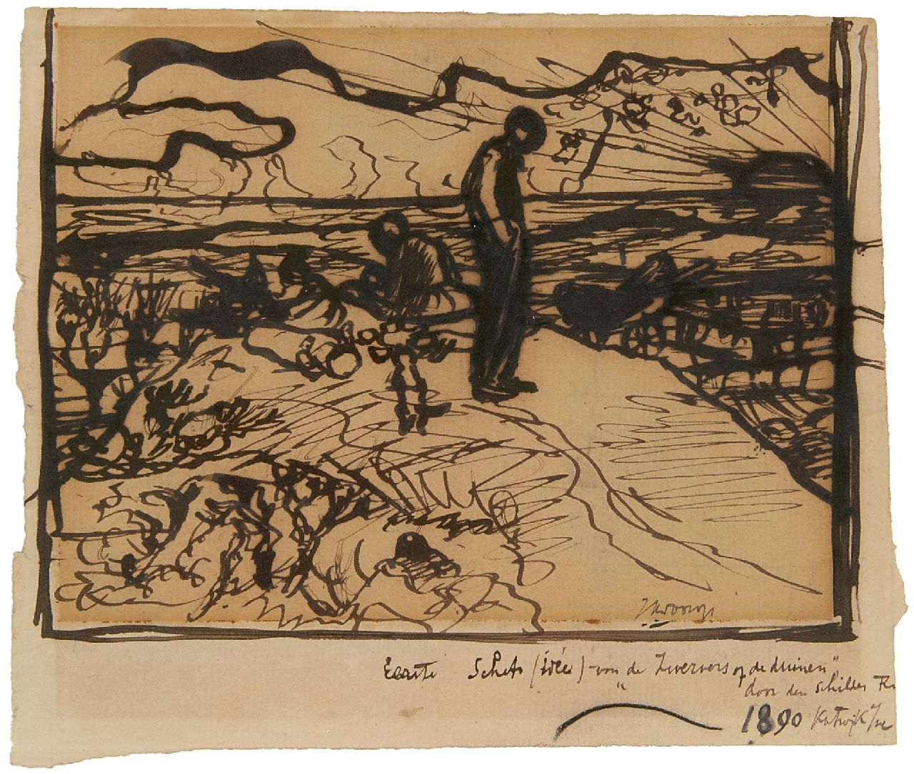 Toorop J.Th.  | Johannes Theodorus 'Jan' Toorop | Watercolours and drawings offered for sale | Vagabonds in the dunes, pen and ink on paper 12.1 x 14.4 cm, signed l.r. and dated l.m. 1890