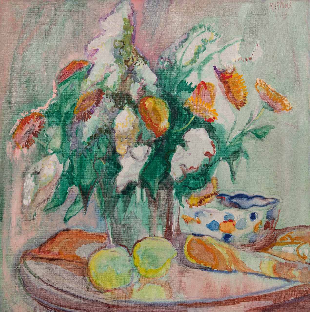 Martens G.G.  | Gijsbert 'George' Martens | Paintings offered for sale | Flower still life with lemons, benzinerel and wax paint on canvas 50.3 x 50.3 cm, signed u.r.