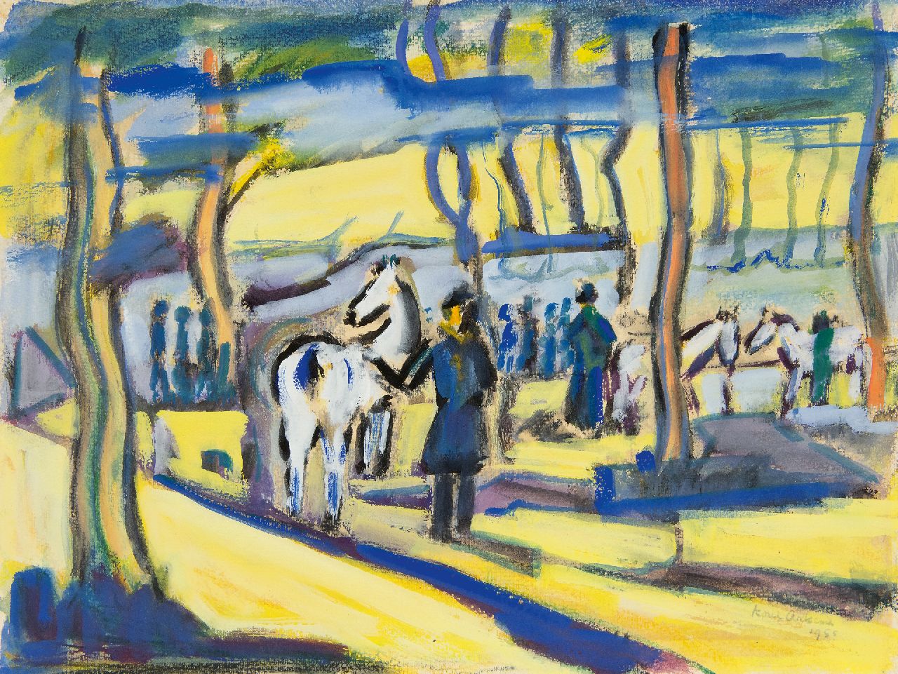 Karel Arkema | Figures and horses in a colored landscape, gouache on paper, 37.5 x 49.7 cm, signed l.r. and dated 1955