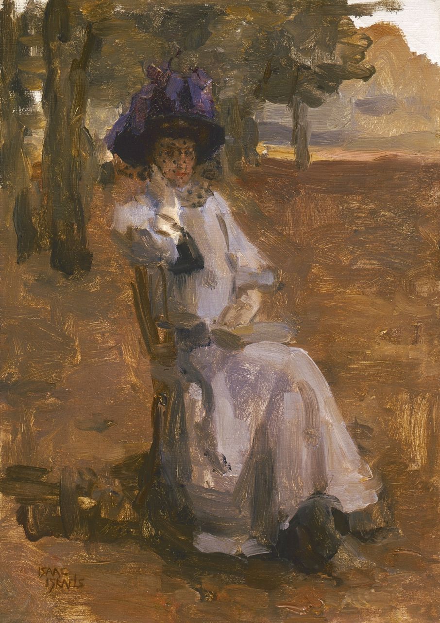 Israels I.L.  | 'Isaac' Lazarus Israels, An elegant lady on a chair, Bois de Boulogne, oil on canvas 46.5 x 33.0 cm, signed l.l.