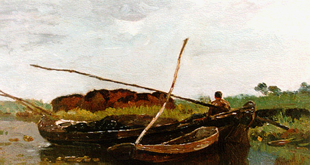 Gabriel P.J.C.  | Paul Joseph Constantin 'Constan(t)' Gabriel, A flatboat in a polder landscape, oil on canvas laid down on panel 18.5 x 32.0 cm, signed l.r.