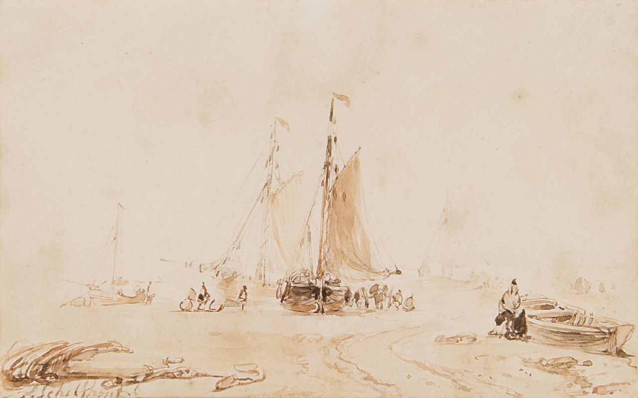 Schelfhout A.  | Andreas Schelfhout, Fishermen and fishing smacks on the beach, sepia on paper 9.0 x 14.0 cm, signed l.l.