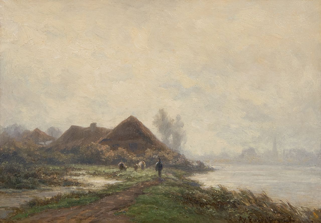 Everdingen A. van | Adrianus van Everdingen | Paintings offered for sale | Farmer with cattle along the river, oil on panel 17.0 x 24.4 cm, signed l.r.