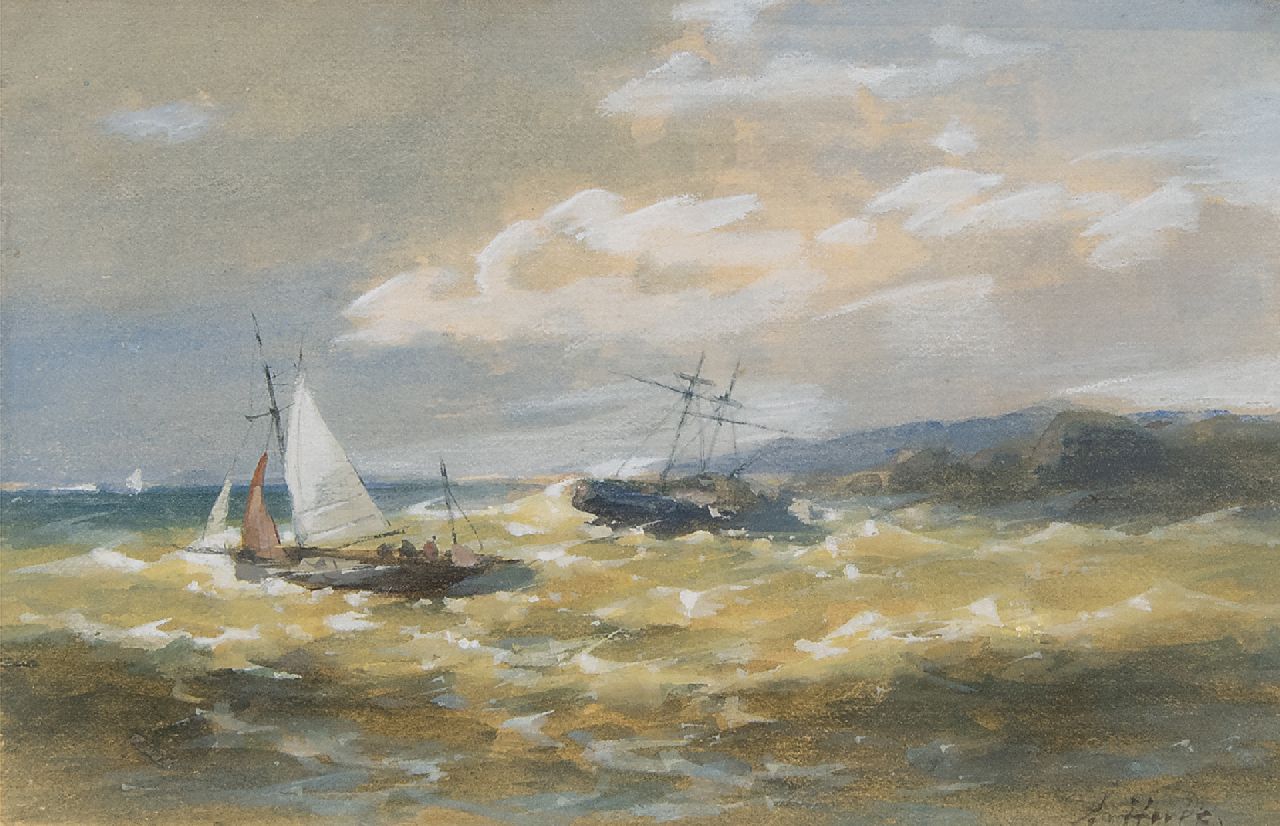 Hulk A.  | Abraham Hulk | Watercolours and drawings offered for sale | Ships in a storm near a rocky coast, watercolour and gouache on cardboard 9.5 x 15.0 cm, signed l.r.