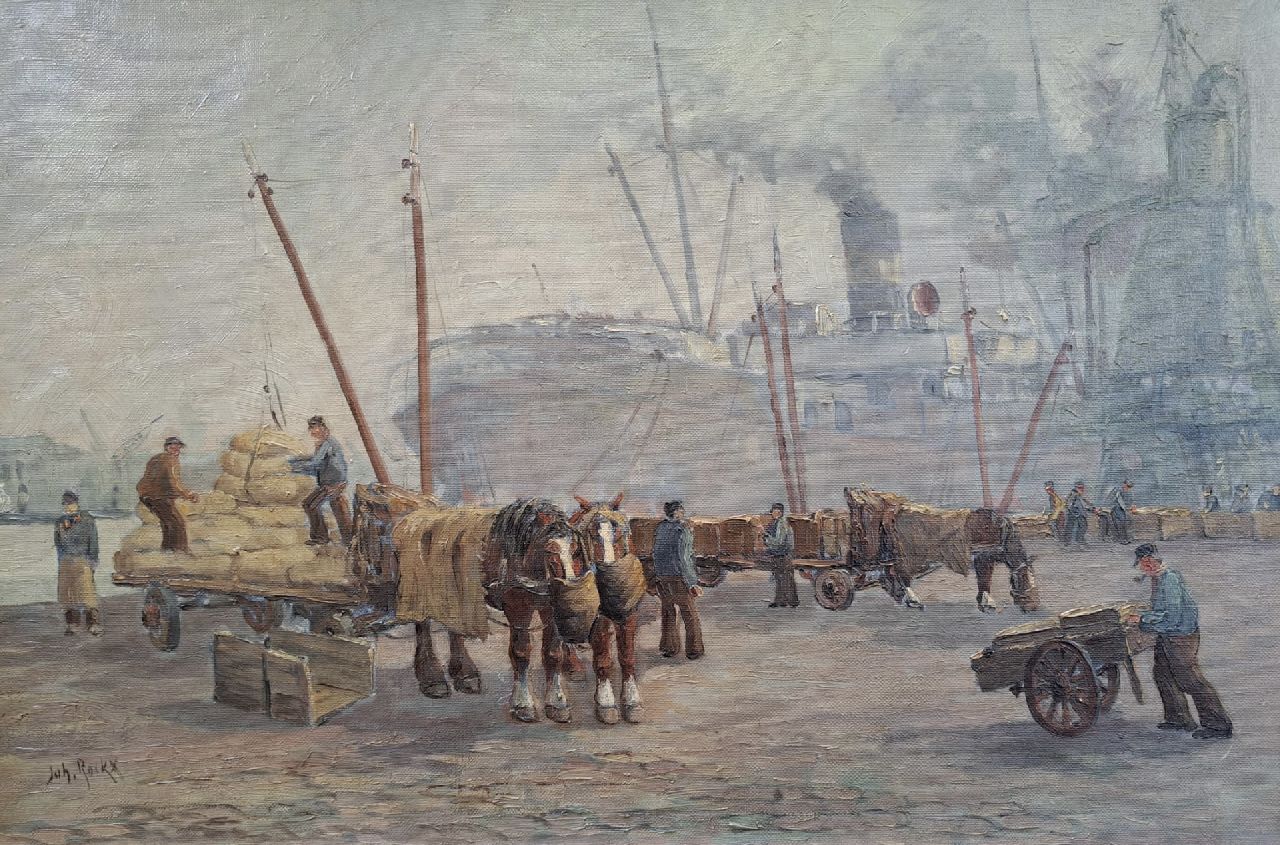 John Rockx | Activity in a port, oil on canvas, 40.1 x 60.2 cm, signed l.l.