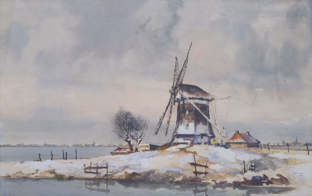 Drulman M.J.  | Marinus Johannes Drulman | Watercolours and drawings offered for sale | View of Achterberg in winter, chalk and watercolour on paper 58.8 x 89.4 cm, signed l.r. with pseudoniem and dated 1936