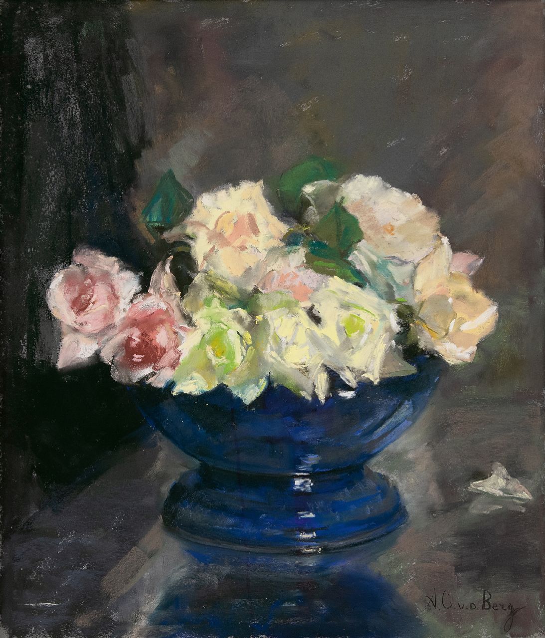 Berg A.C. van den | Anna Carolina 'Ans' van den Berg | Watercolours and drawings offered for sale | Blue bowl with roses, pastel on paper 43.0 x 37.0 cm, signed l.r.