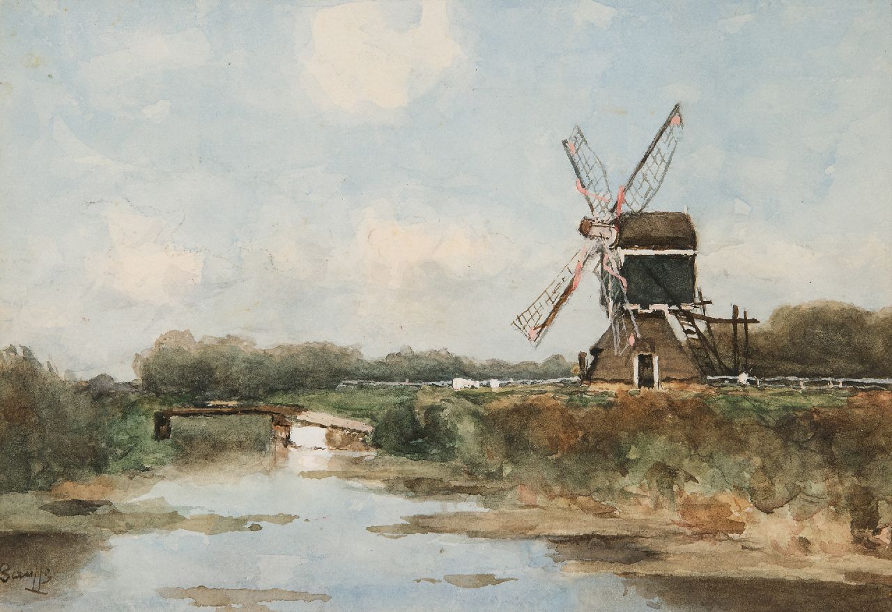 Bauffe V.  | Victor Bauffe | Watercolours and drawings offered for sale | Windmill in a polder landscape, watercolour on paper 17.7 x 25.5 cm, signed l.l.