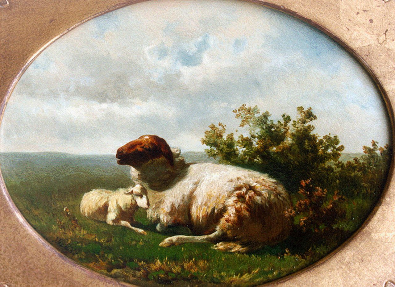 Haas J.H.L. de | Johannes Hubertus Leonardus de Haas, Sheep and lamb (counterpart), oil on panel 18.0 x 25.4 cm, signed l.l. with monogram