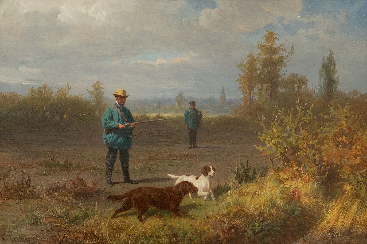 Cunaeus C.  | Conradijn Cunaeus | Paintings offered for sale | Hunting scene near Barneveld, the Oude Kerk in the distance, oil on panel 21.7 x 32.2 cm, signed l.l.