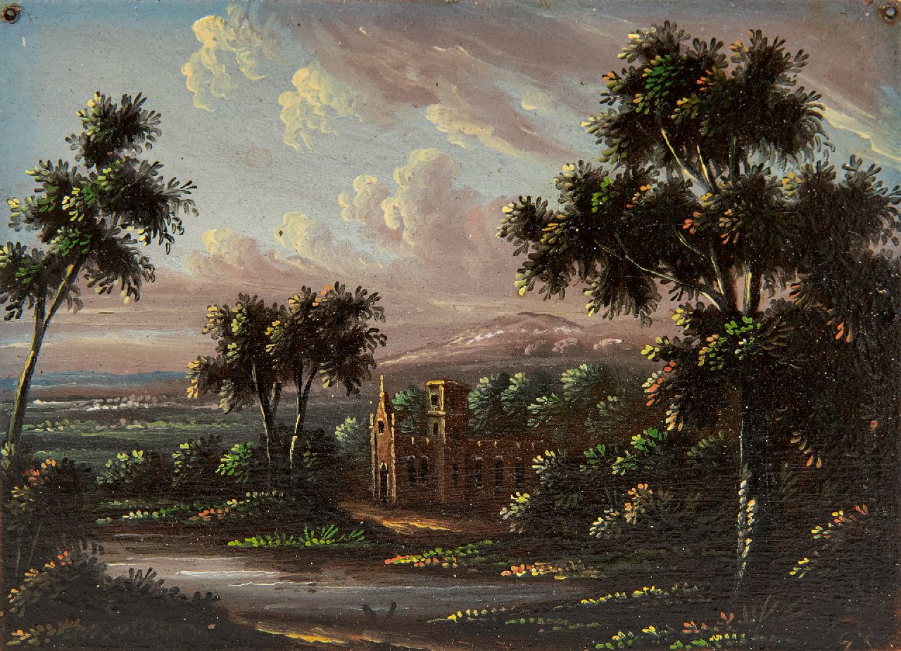 Europese School, 18e eeuw | Italianate scenery, oil on copper, 7.0 x 9.0 cm
