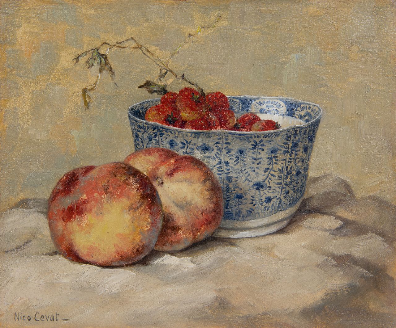 Nico Cevat | Still life with peaches and strawberries, oil on panel, 23.4 x 28.0 cm, signed l.l.