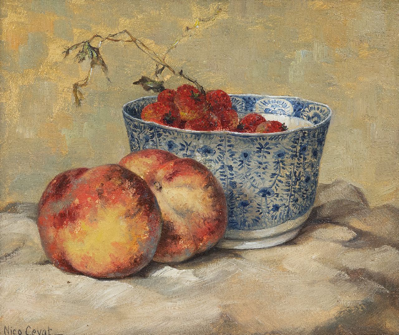 Cevat N.F.H.  | Nicolas Friedrich Heinrich 'Nico' Cevat | Paintings offered for sale | Still life with peaches and strawberries, oil on panel 23.4 x 28.0 cm, signed l.l.