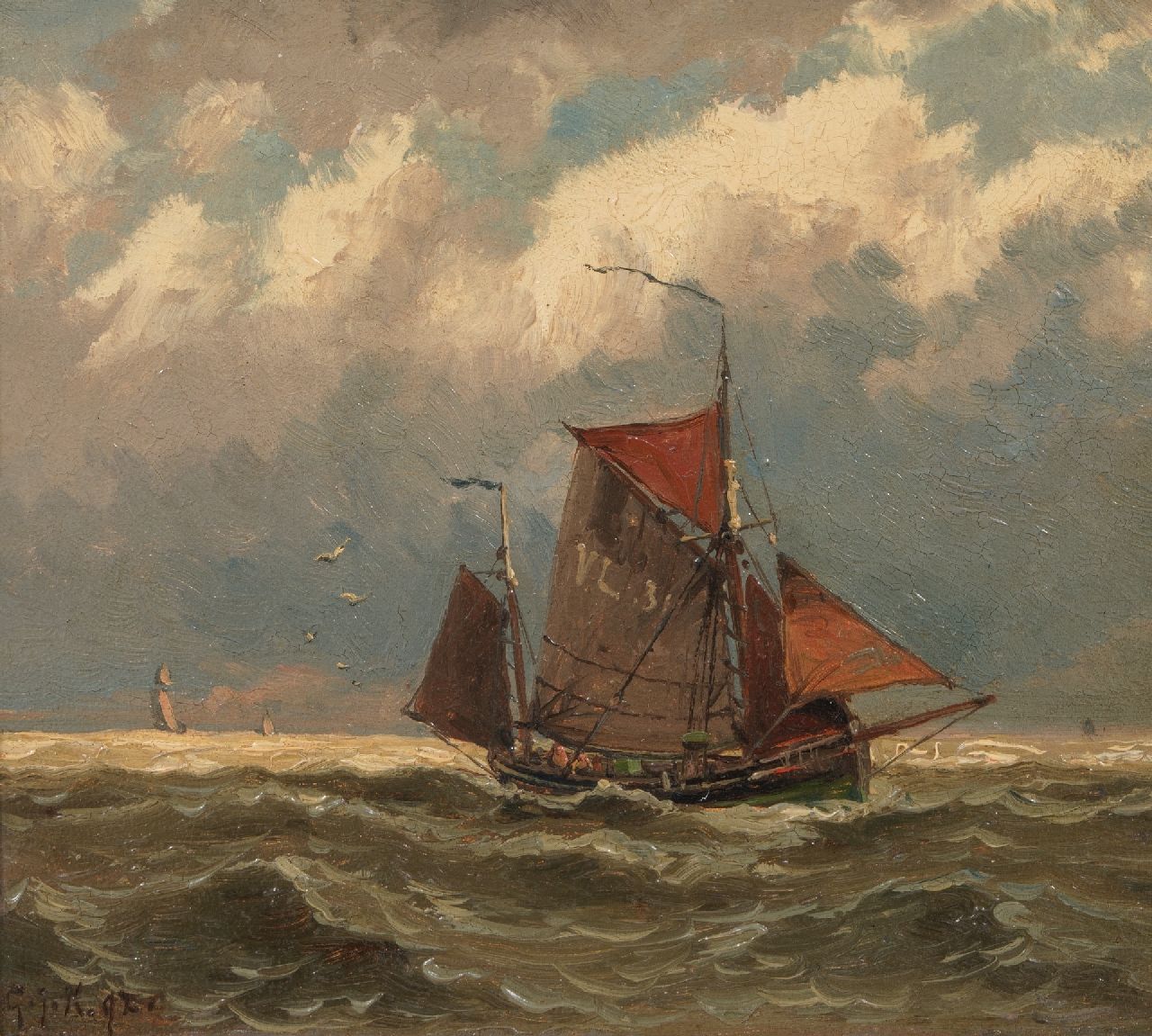 Koekkoek G.J.  | Gerardus Johannes 'Gerard' Koekkoek, Fishing boat on the high seas, oil on panel 14.6 x 16.9 cm, signed l.l. with initials and dated '92