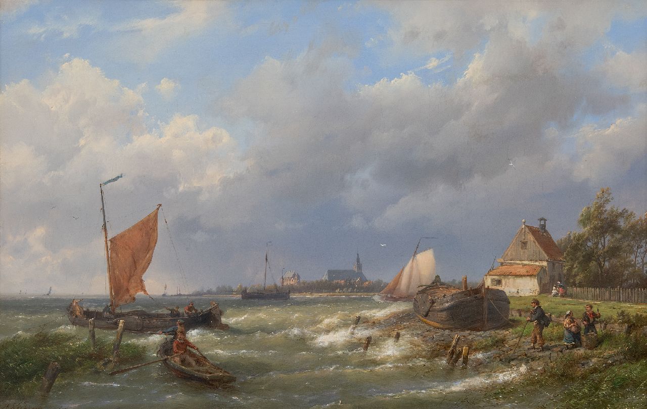 Koekkoek H.  | Hermanus Koekkoek, A strong breeze on the Dutch coast with a village ahead, oil on canvas 37.0 x 57.7 cm, signed l.l.