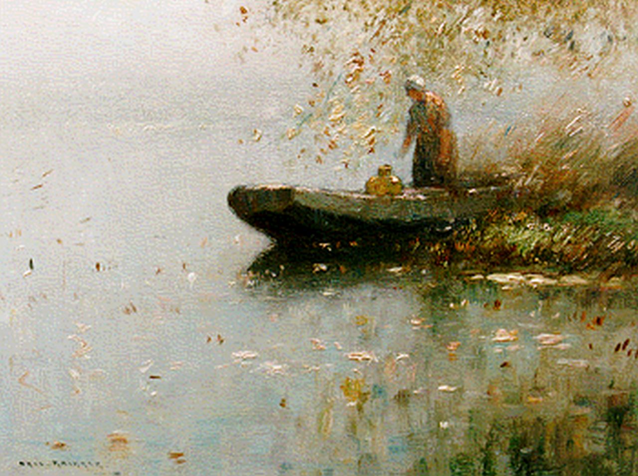 Knikker A.  | Aris Knikker, A farmer's wife in a flatboat, oil on panel 18.0 x 24.0 cm, signed l.l.