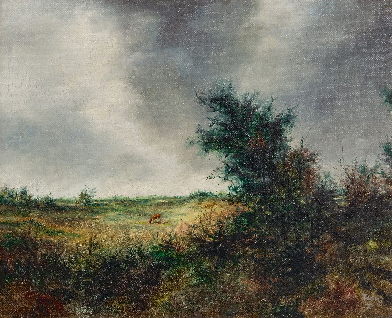 Poortvliet R.  | Rien Poortvliet, Landscape with grazing deer, oil on canvas 24.6 x 30.2 cm, signed l.r.