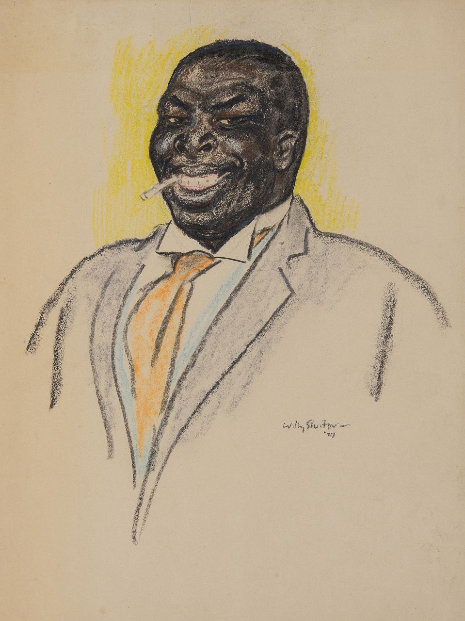 Sluiter J.W.  | Jan Willem 'Willy' Sluiter | Watercolours and drawings offered for sale | Laughing man with cigarette, chalk on paper 44.9 x 33.4 cm, signed l.r. and dated '27