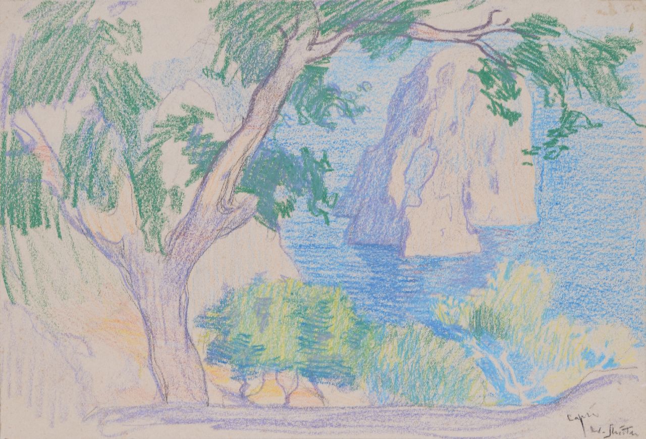 Sluiter J.W.  | Jan Willem 'Willy' Sluiter, Landscape on Capri, chalk on paper 22.7 x 33.6 cm, signed l.r. and zonder lijst