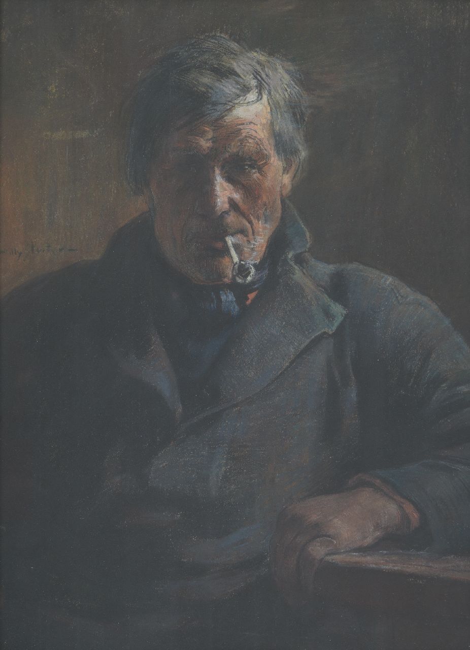 Sluiter J.W.  | Jan Willem 'Willy' Sluiter, Portrait of a man smoking a pipe, pastel on paper 38.0 x 28.7 cm, signed c.l.