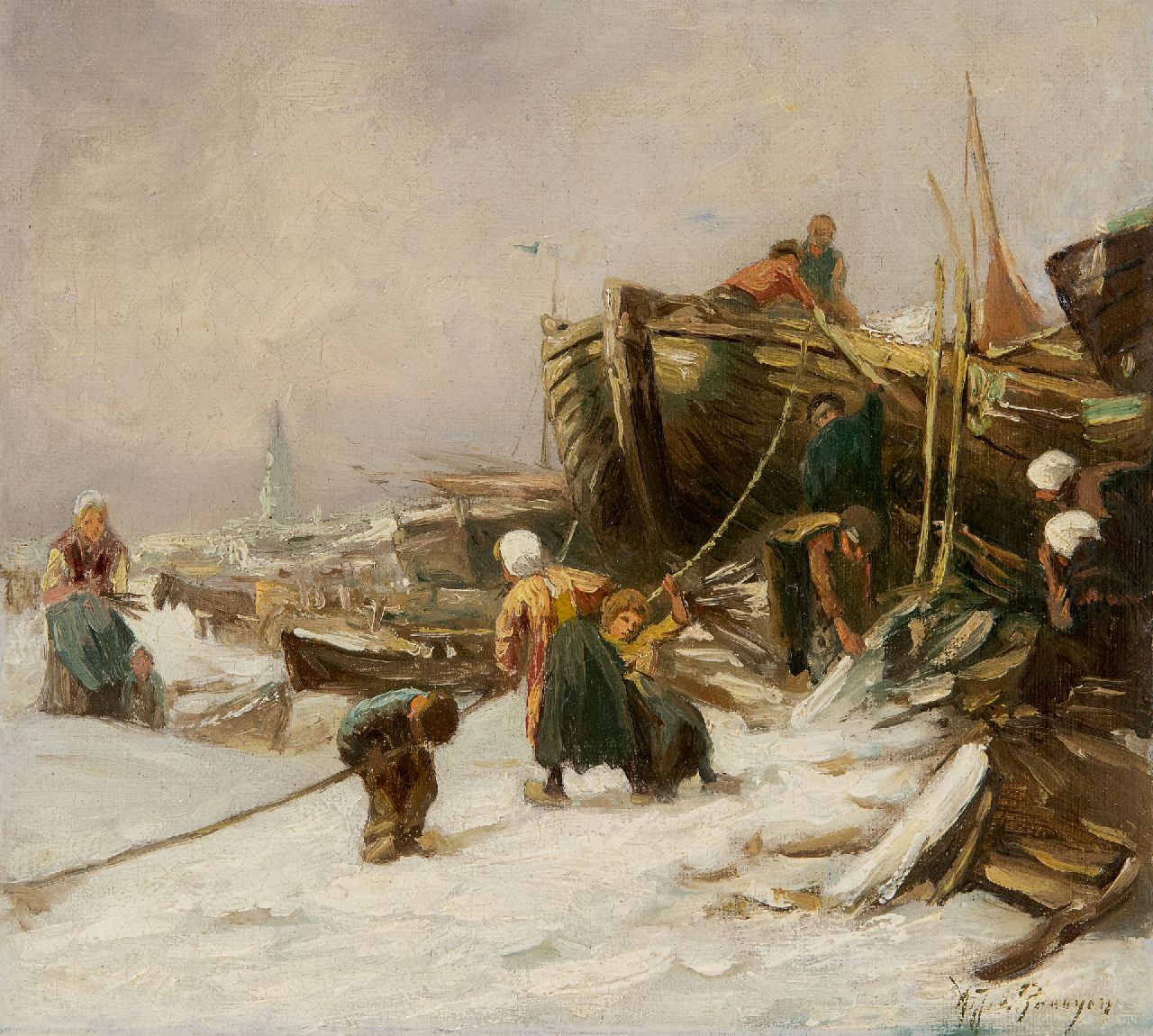 Prooijen A.J. van | Albert Jurardus van Prooijen | Paintings offered for sale | Beach in winter, oil on canvas laid down on panel 21.1 x 22.8 cm, signed l.r.