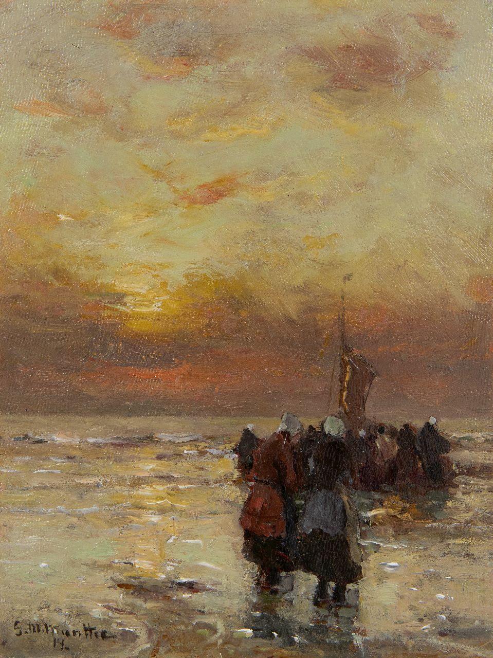 Munthe G.A.L.  | Gerhard Arij Ludwig 'Morgenstjerne' Munthe, Fisherwomen in the surf at sunset, oil on panel 21.1 x 15.9 cm, signed l.l. and dated '14