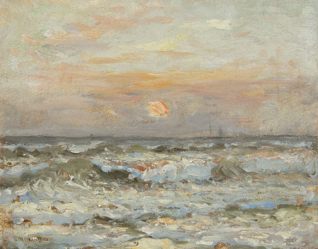 Munthe G.A.L.  | Gerhard Arij Ludwig 'Morgenstjerne' Munthe | Paintings offered for sale | Seascape with setting sun, oil on canvas laid down on panel 24.4 x 30.4 cm, signed l.l. and dated '14