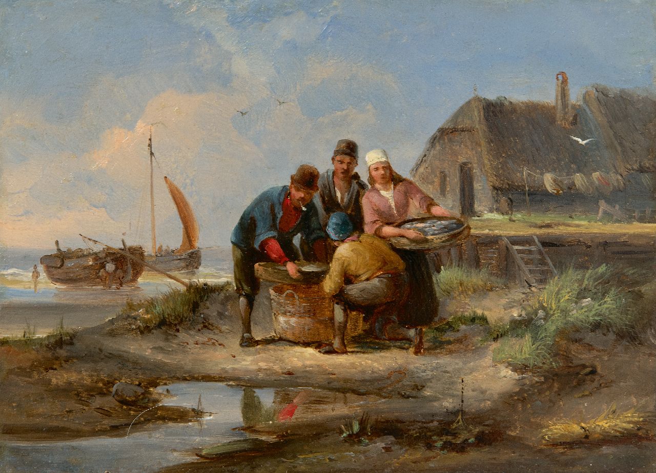 Dommershuijzen P.C.  | Pieter Cornelis Dommershuijzen | Paintings offered for sale | Fish market on the coast of Marken, oil on panel 17.0 x 23.2 cm, without frame