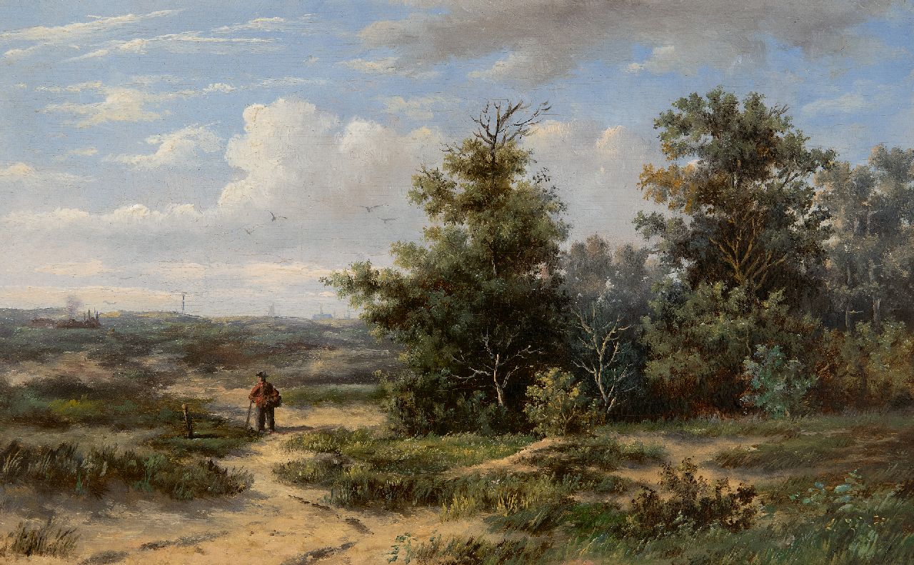 Wijngaerdt A.J. van | Anthonie Jacobus van Wijngaerdt | Paintings offered for sale | Dutch dune landscape with Haarlem in the distance, oil on panel 18.9 x 30.4 cm