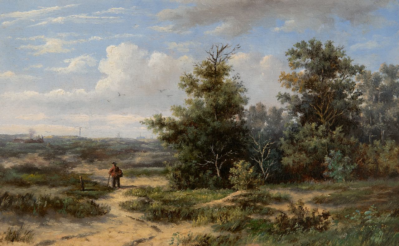 Wijngaerdt A.J. van | Anthonie Jacobus van Wijngaerdt, Dutch dune landscape with Haarlem in the distance, oil on panel 18.9 x 30.4 cm