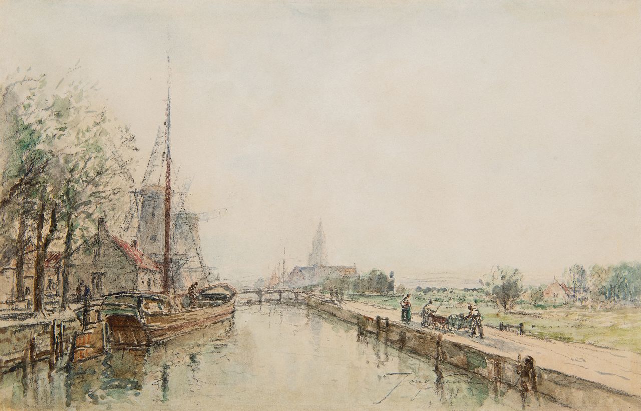 Jongkind J.B.  | Johan Barthold Jongkind | Watercolours and drawings offered for sale | Canal in a Dutch village, ink and watercolour on paper 20.0 x 30.0 cm, signed l.r.