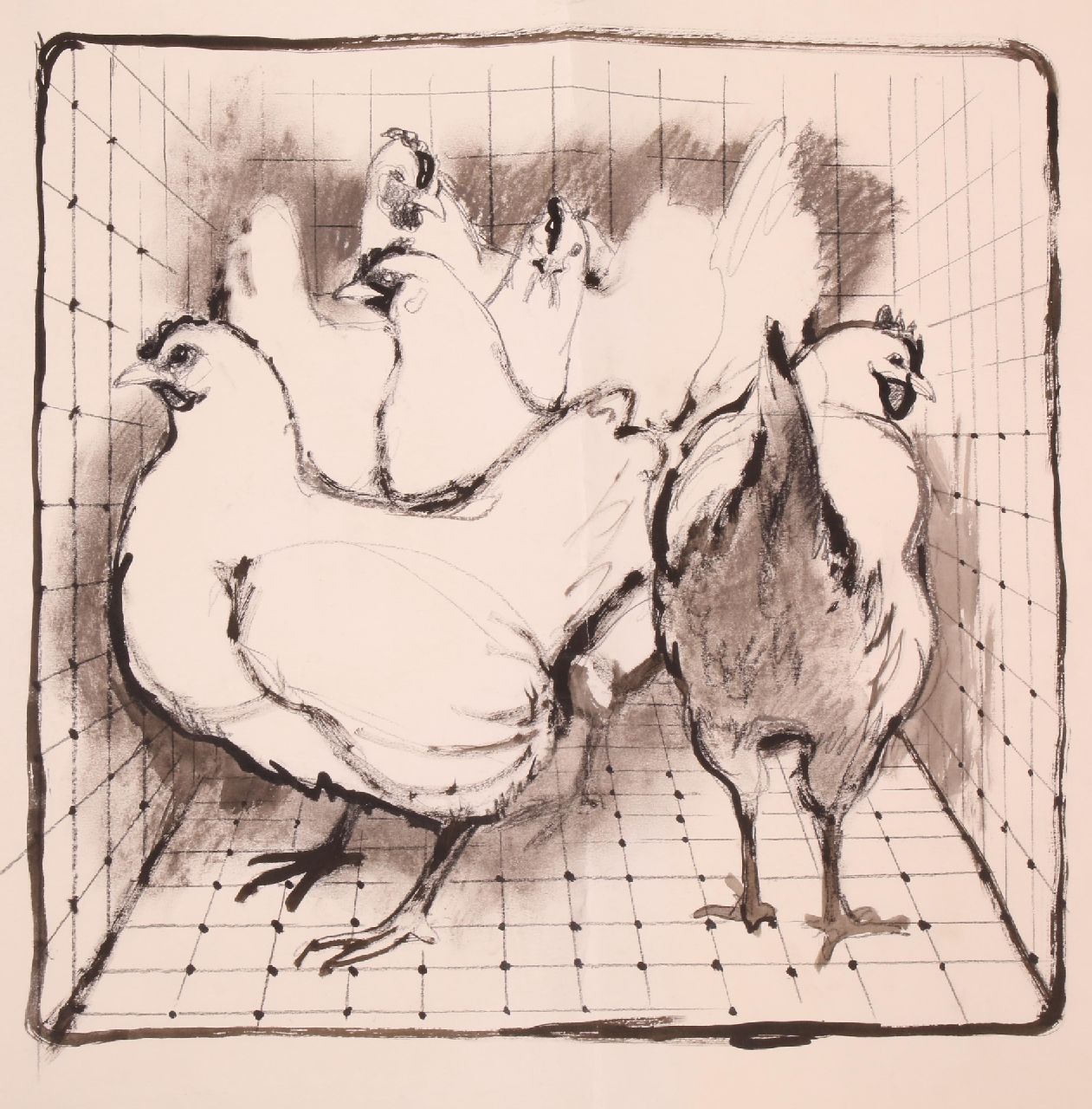 Poortvliet R.  | Rien Poortvliet | Watercolours and drawings offered for sale | Chickens in a run, charcoal and ink on paper 49.4 x 64.8 cm