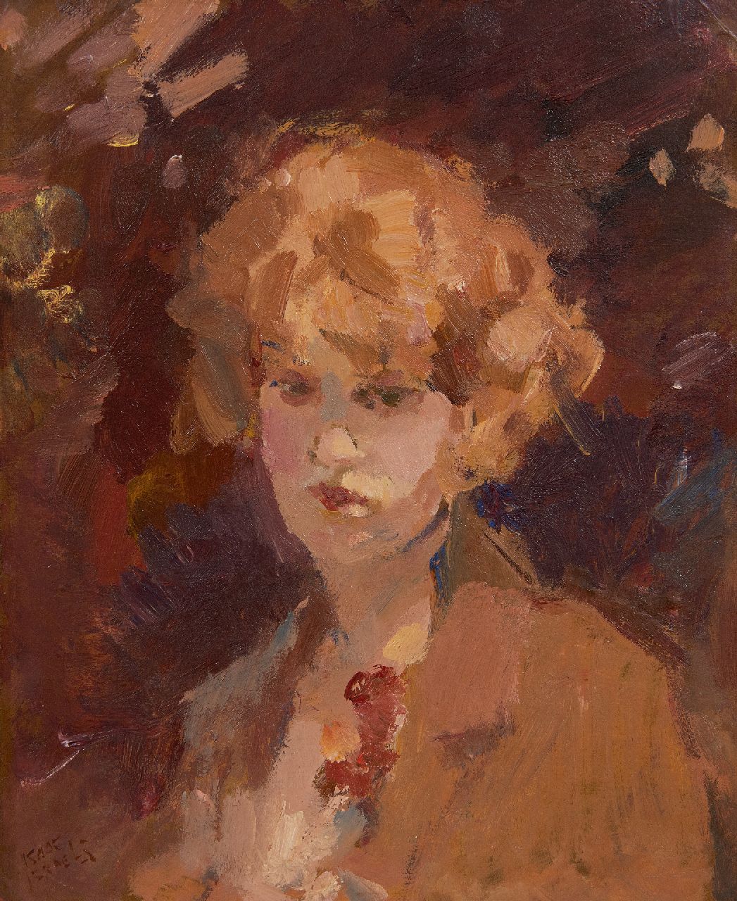 Israels I.L.  | 'Isaac' Lazarus Israels, Portrait of a young woman, oil on paper laid down on panel 30.4 x 24.9 cm, signed l.r.