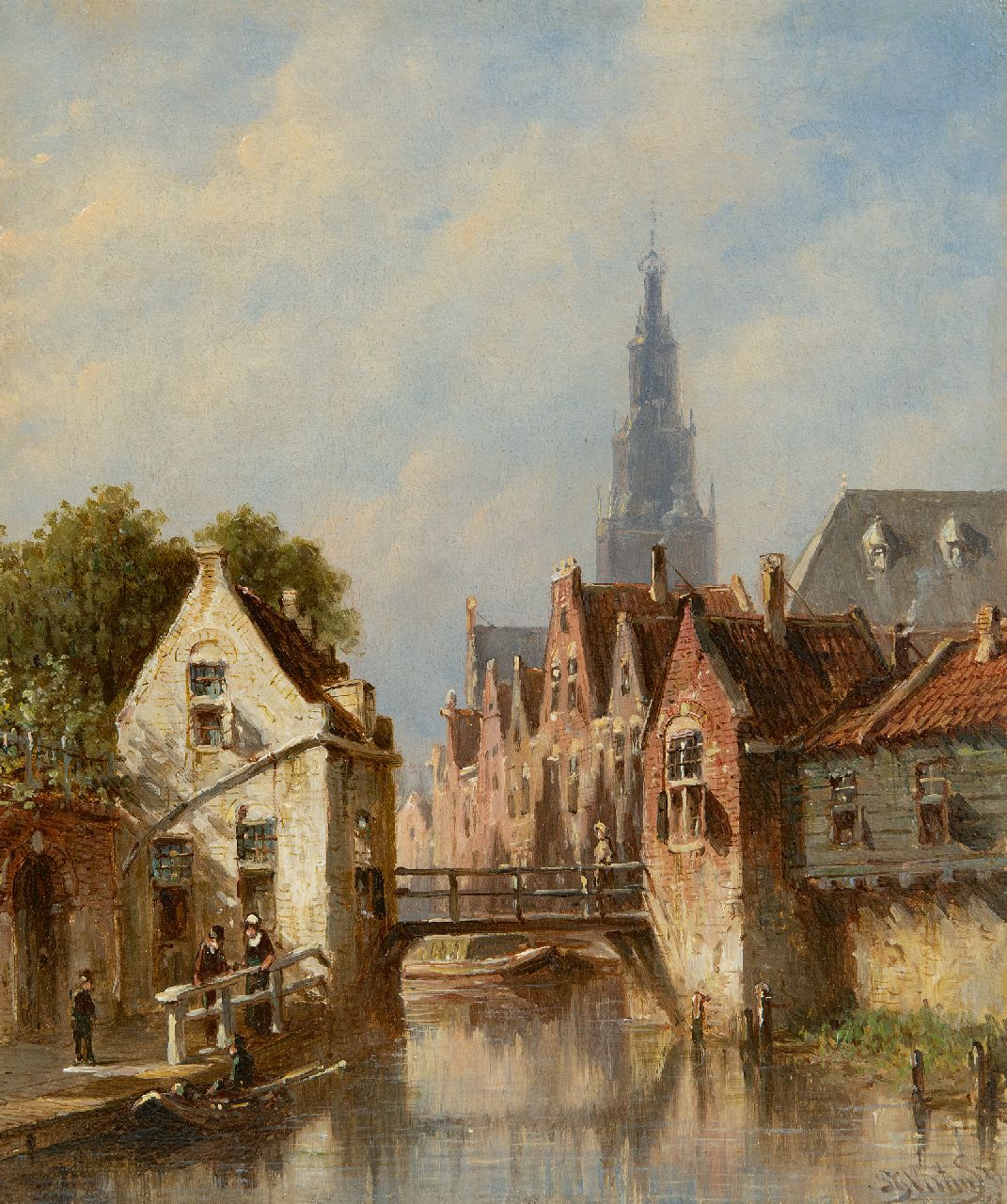 Vertin P.G.  | Petrus Gerardus Vertin | Paintings offered for sale | Sunny city canal, the Alkmaar Waagtoren in the background, oil on panel 22.7 x 19.4 cm, signed l.r. and dated 1881 on the reverse