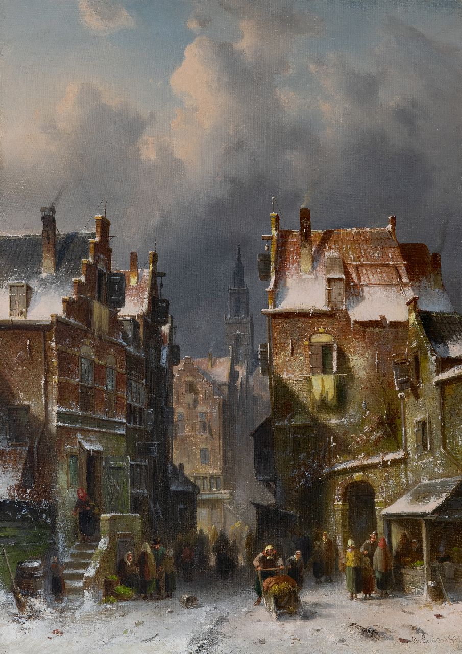 Leickert C.H.J.  | 'Charles' Henri Joseph Leickert | Paintings offered for sale | Busy street in the snow, oil on canvas 72.7 x 52.0 cm, signed l.r. and dated '88