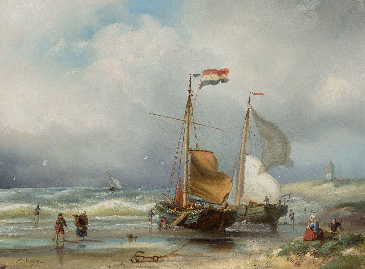 Riegen N.  | Nicolaas Riegen | Paintings offered for sale | Fishing boats and fisherfolk in the surf, oil on panel 31.2 x 41.7 cm, signed l.l.