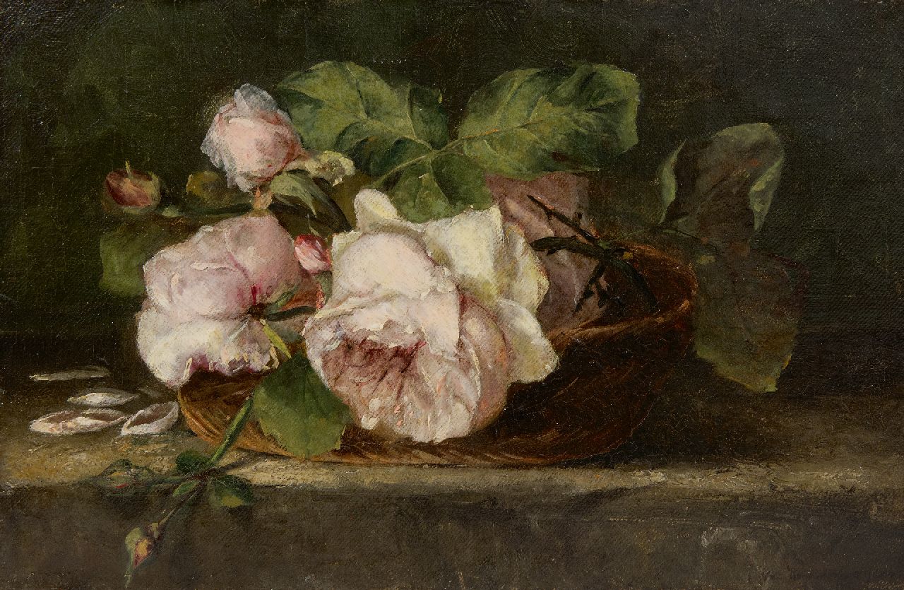 Hogendorp-'s Jacob A.J. van | Adrienne Jacqueline van Hogendorp-'s Jacob | Paintings offered for sale | Roses in a basket, oil on canvas 25.4 x 38.5 cm, signed l.r.