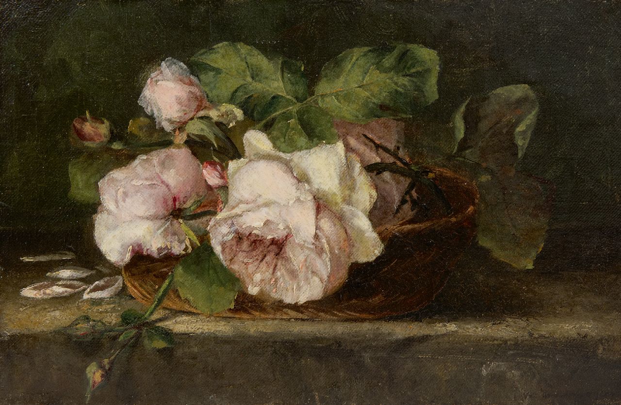 Adrienne van Hogendorp-'s Jacob | Roses in a basket, oil on canvas, 25.4 x 38.5 cm, signed l.r.